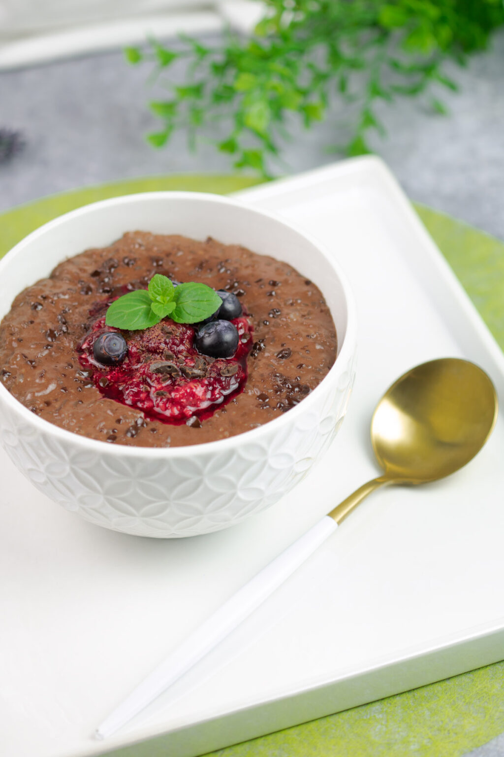 Low Carb &amp; Keto Schokoladen-Milchreis mit Beerenkompott