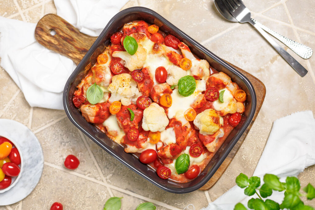 Blumenkohl-Auflauf Pizza Style Mittagessen ohne Kochen